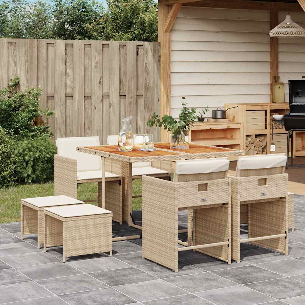 vidaXL 9 Piece Garden Dining Set with Cushions Beige Poly Rattan