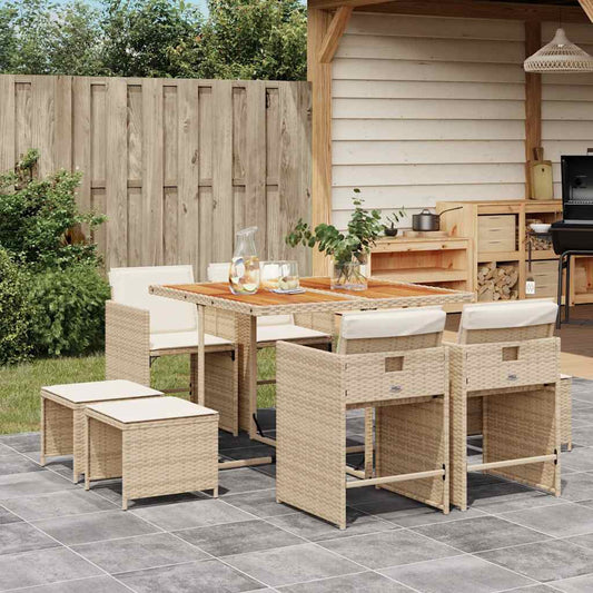 vidaXL 9 Piece Garden Dining Set with Cushions Beige Poly Rattan