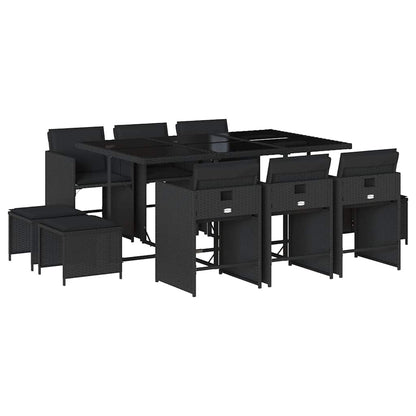 vidaXL 11 Piece Garden Dining Set with Cushions Black Poly Rattan