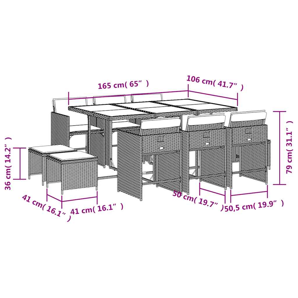 vidaXL 11 Piece Garden Dining Set with Cushions Grey Poly Rattan