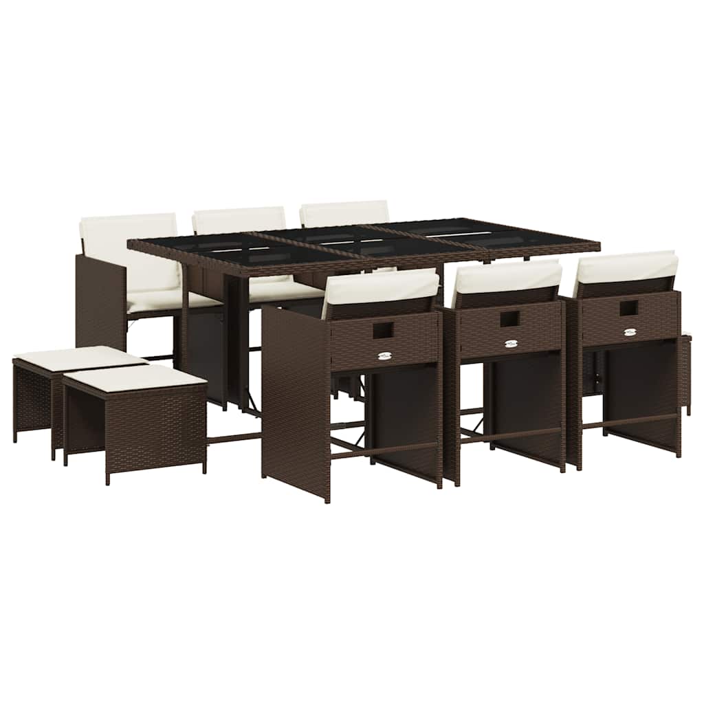 vidaXL 11 Piece Garden Dining Set with Cushions Brown Poly Rattan