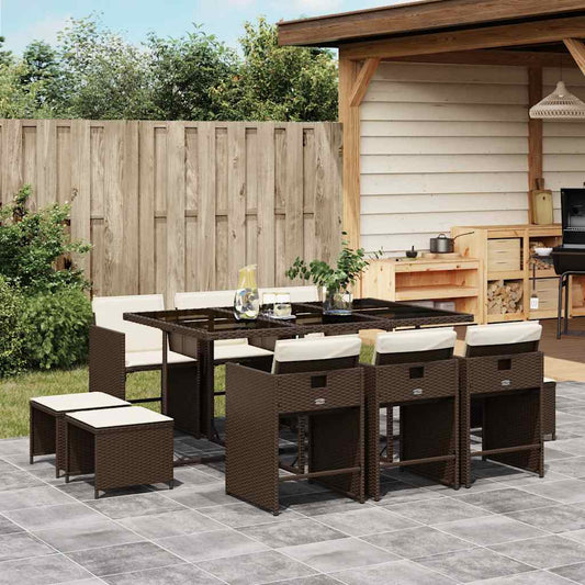 vidaXL 11 Piece Garden Dining Set with Cushions Brown Poly Rattan