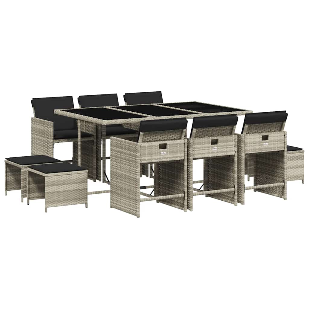 vidaXL 11 Piece Garden Dining Set with Cushions Light Grey Poly Rattan