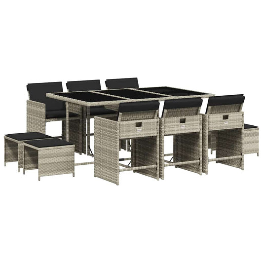 vidaXL 11 Piece Garden Dining Set with Cushions Light Grey Poly Rattan