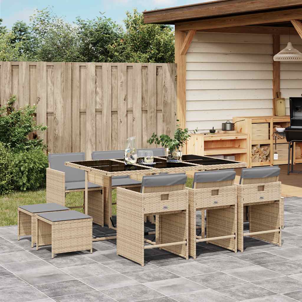vidaXL 11 Piece Garden Dining Set with Cushions Mix Beige Poly Rattan