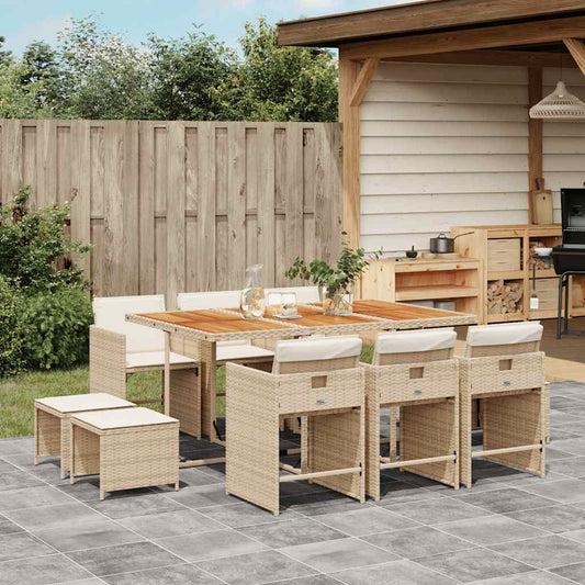 vidaXL 11 Piece Garden Dining Set with Cushions Beige Poly Rattan