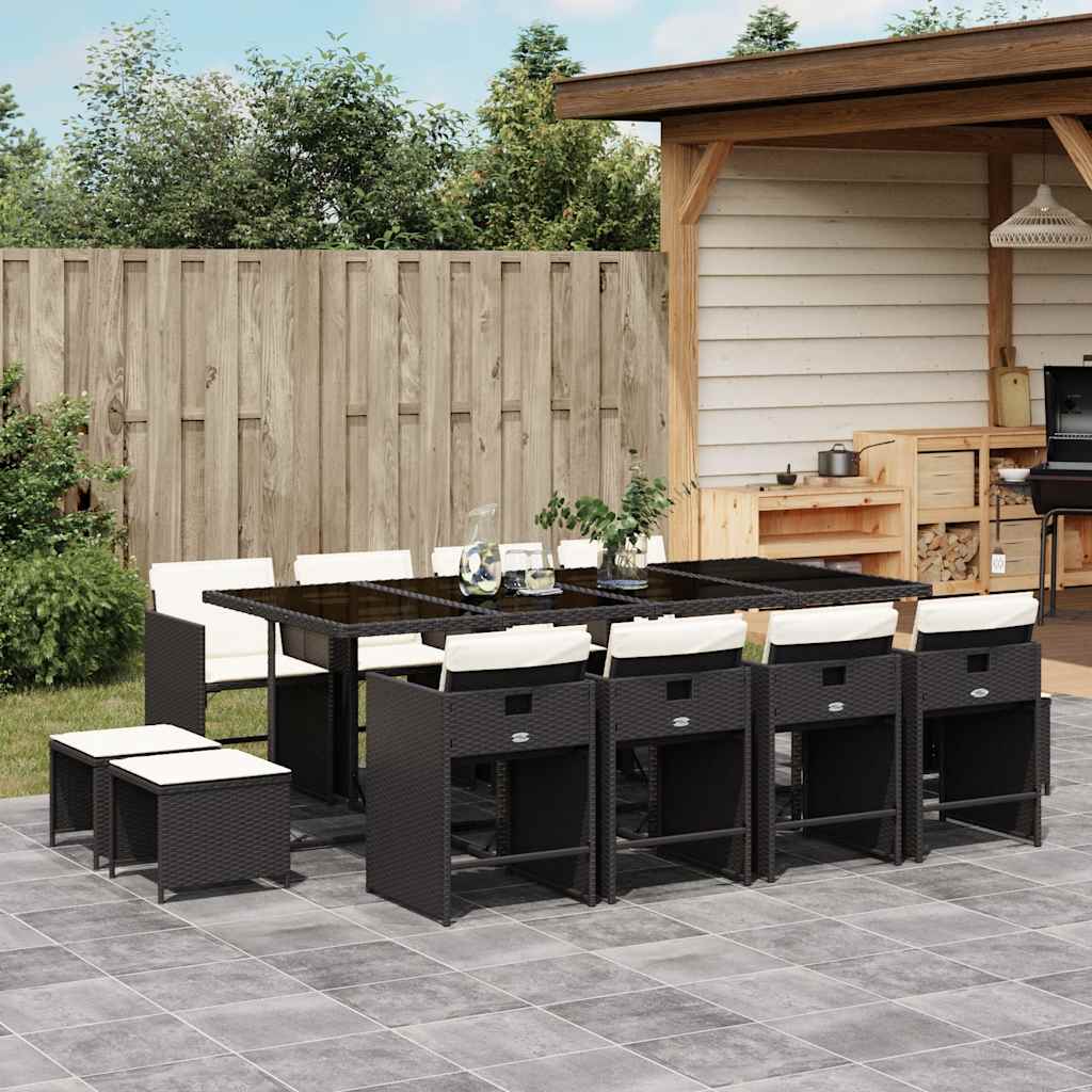 vidaXL 13 Piece Garden Dining Set with Cushions Black Poly Rattan
