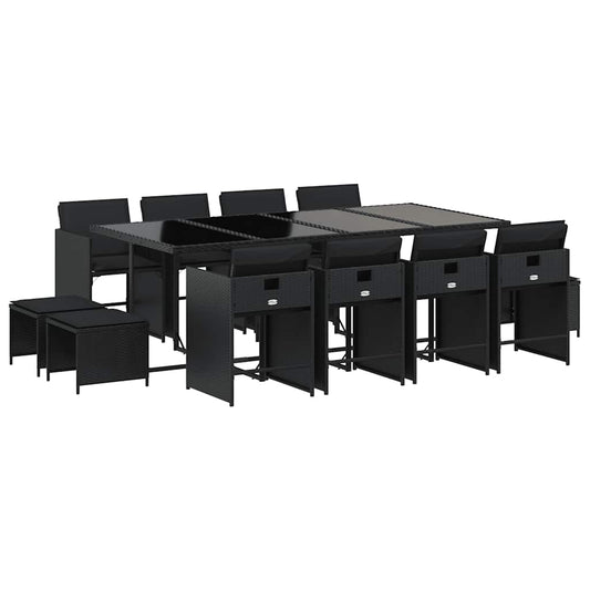 vidaXL 13 Piece Garden Dining Set with Cushions Black Poly Rattan