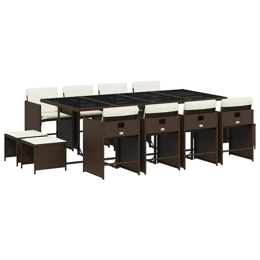vidaXL 13 Piece Garden Dining Set with Cushions Brown Poly Rattan