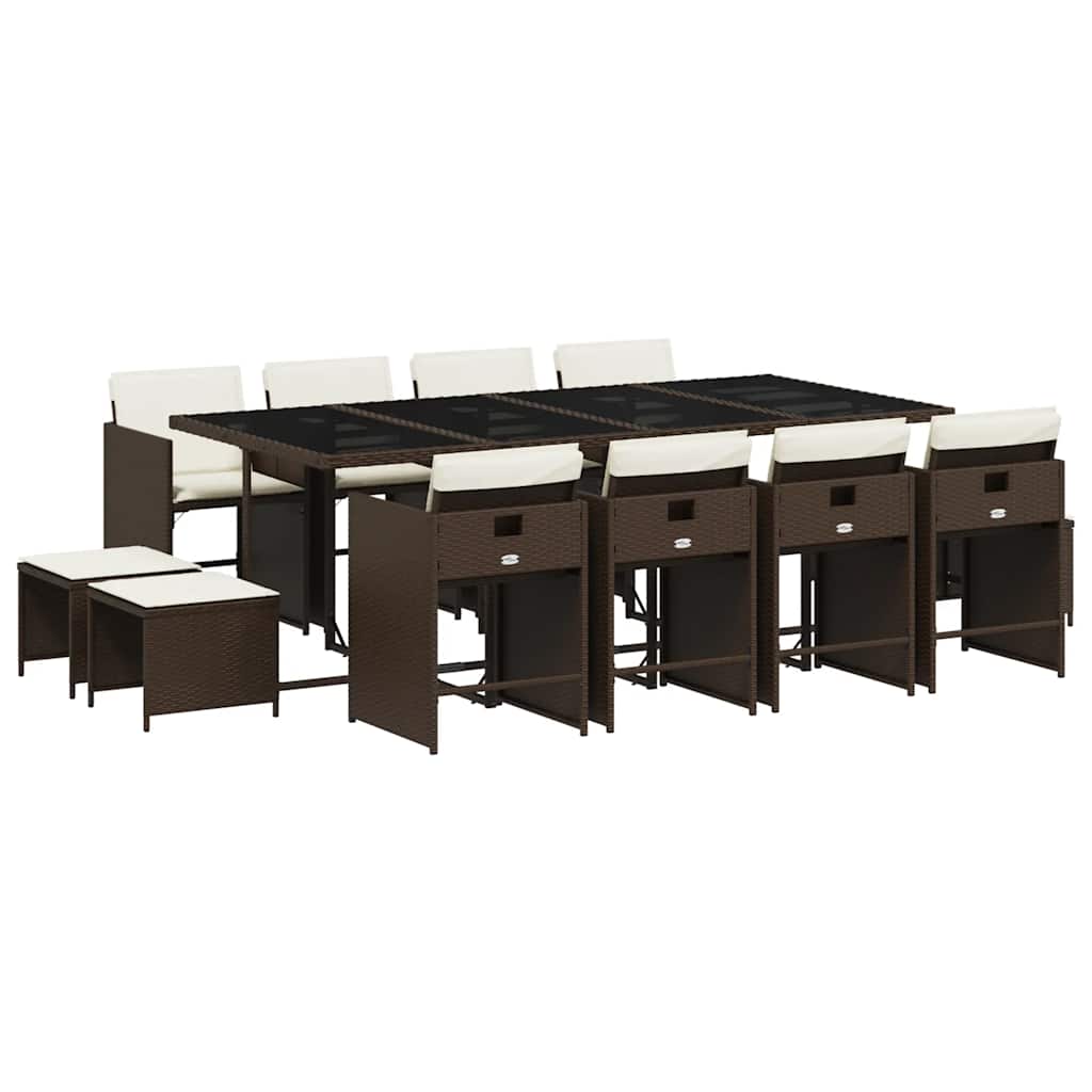vidaXL 13 Piece Garden Dining Set with Cushions Brown Poly Rattan