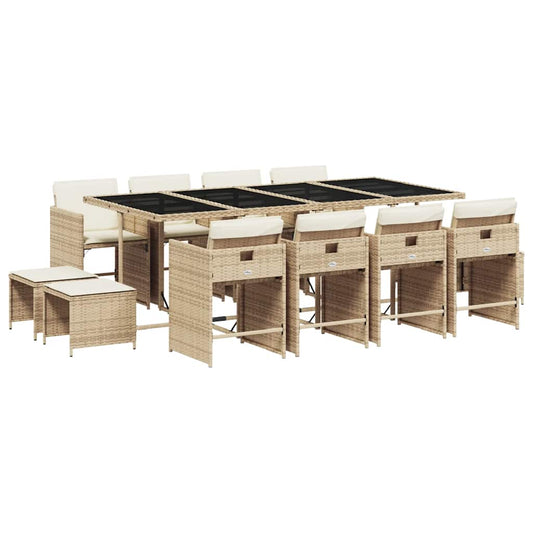 vidaXL 13 Piece Garden Dining Set with Cushions Beige Poly Rattan