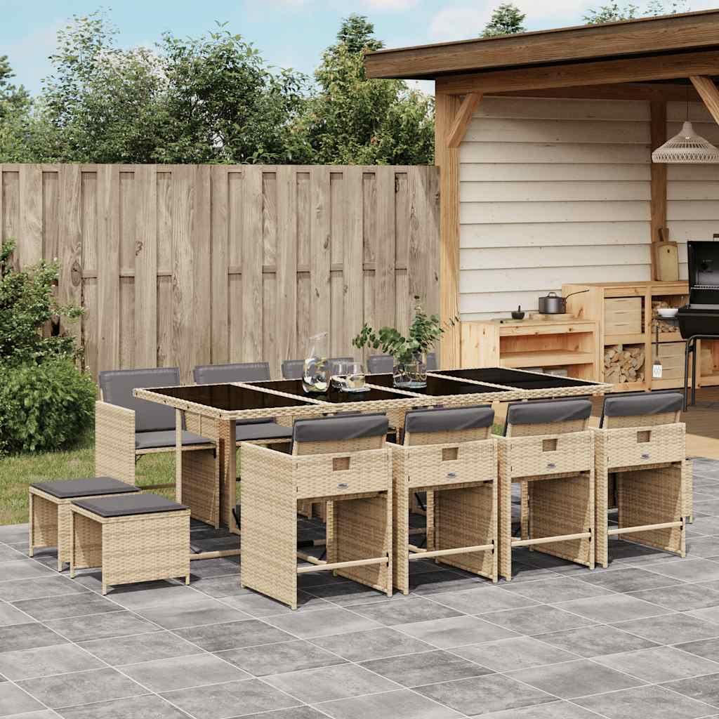 vidaXL 13 Piece Garden Dining Set with Cushions Mix Beige Poly Rattan