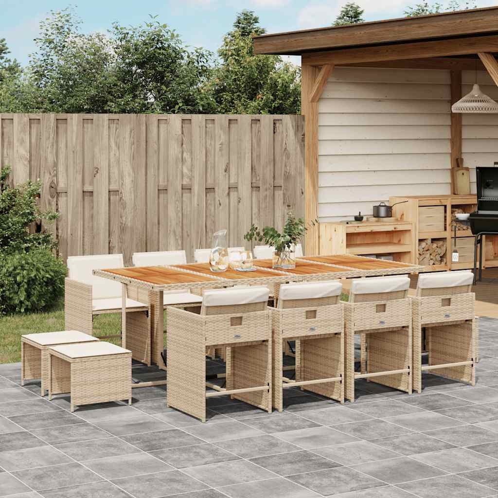 vidaXL 13 Piece Garden Dining Set with Cushions Beige Poly Rattan