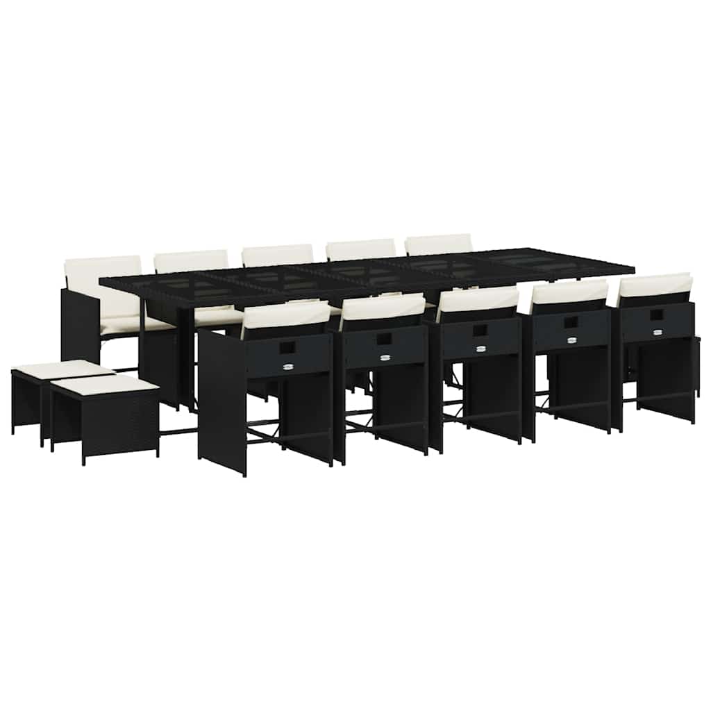 vidaXL 15 Piece Garden Dining Set with Cushions Black Poly Rattan
