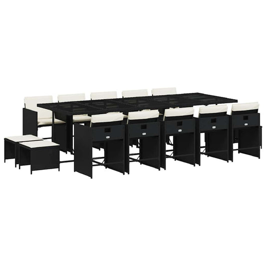 vidaXL 15 Piece Garden Dining Set with Cushions Black Poly Rattan