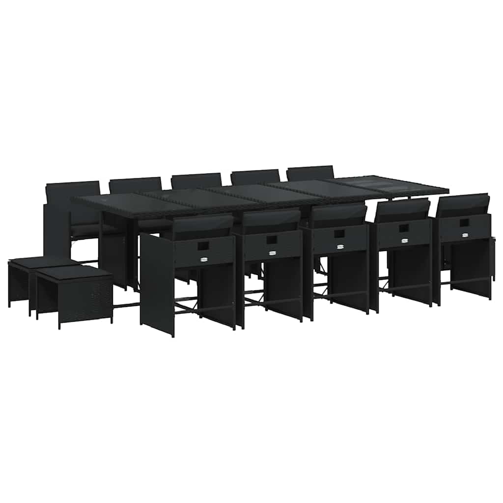 vidaXL 15 Piece Garden Dining Set with Cushions Black Poly Rattan