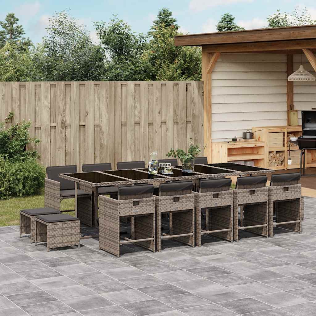 vidaXL 15 Piece Garden Dining Set with Cushions Grey Poly Rattan