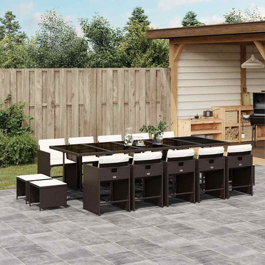 vidaXL 15 Piece Garden Dining Set with Cushions Brown Poly Rattan