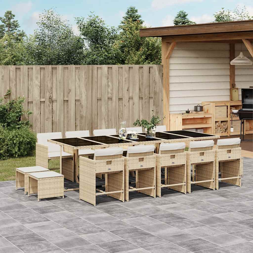 vidaXL 15 Piece Garden Dining Set with Cushions Beige Poly Rattan