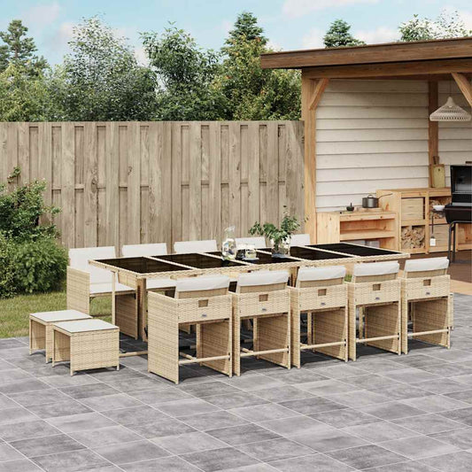 vidaXL 15 Piece Garden Dining Set with Cushions Beige Poly Rattan