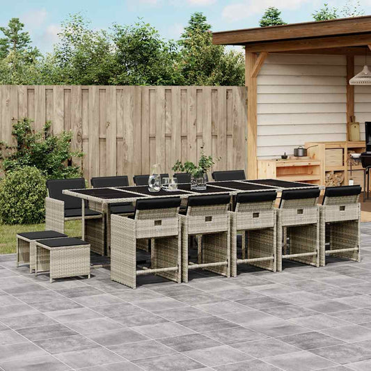 vidaXL 15 Piece Garden Dining Set with Cushions Light Grey Poly Rattan