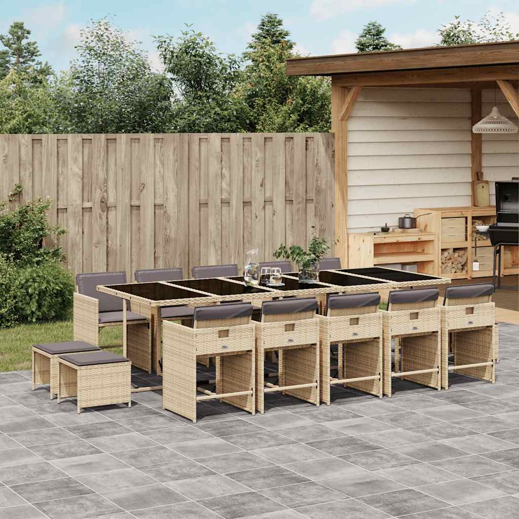 vidaXL 15 Piece Garden Dining Set with Cushions Mix Beige Poly Rattan