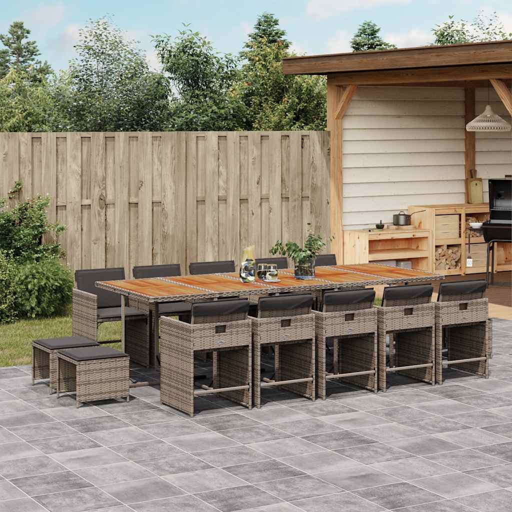 vidaXL 15 Piece Garden Dining Set with Cushions Grey Poly Rattan