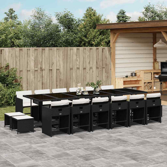 vidaXL 17 Piece Garden Dining Set with Cushions Black Poly Rattan