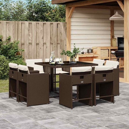 vidaXL 9 Piece Garden Dining Set with Cushions Brown Poly Rattan