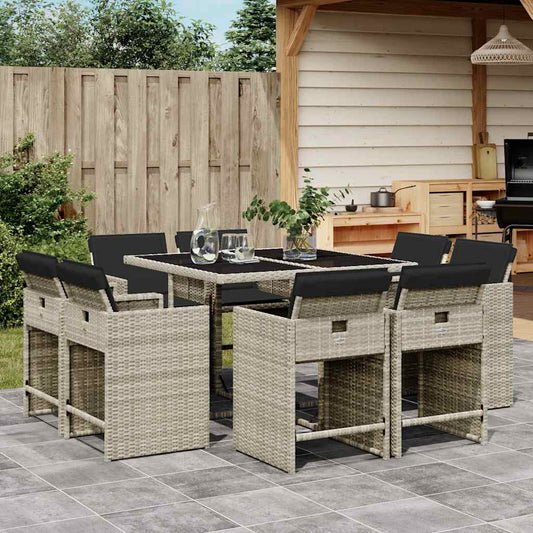 vidaXL 9 Piece Garden Dining Set with Cushions Light Grey Poly Rattan