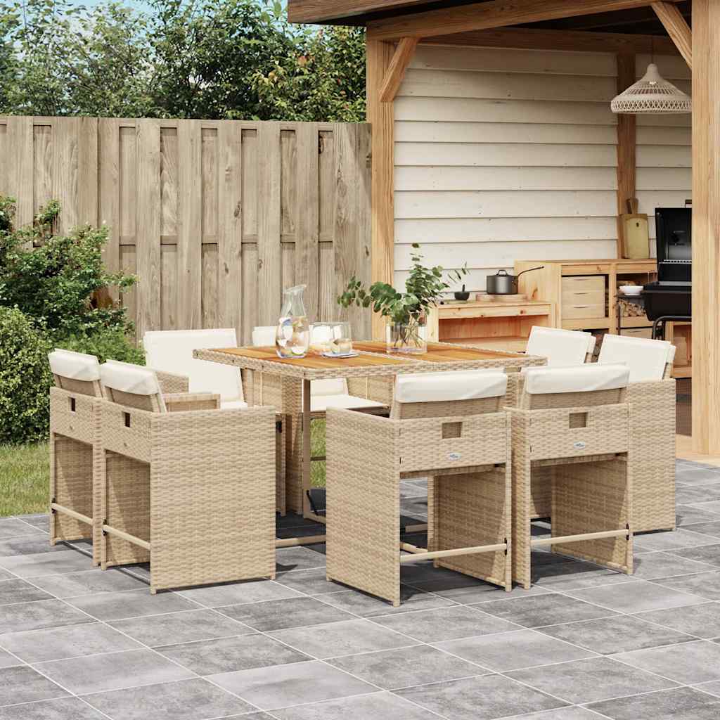 vidaXL 9 Piece Garden Dining Set with Cushions Beige Poly Rattan