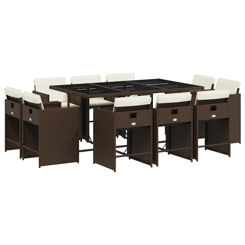 vidaXL 11 Piece Garden Dining Set with Cushions Brown Poly Rattan