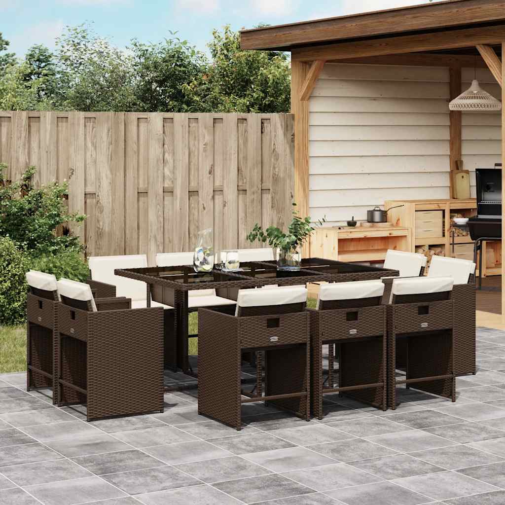 vidaXL 11 Piece Garden Dining Set with Cushions Brown Poly Rattan