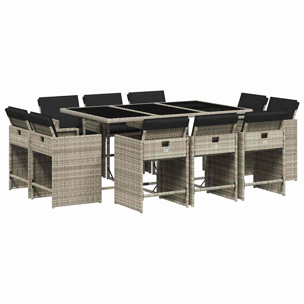 vidaXL 11 Piece Garden Dining Set with Cushions Light Grey Poly Rattan