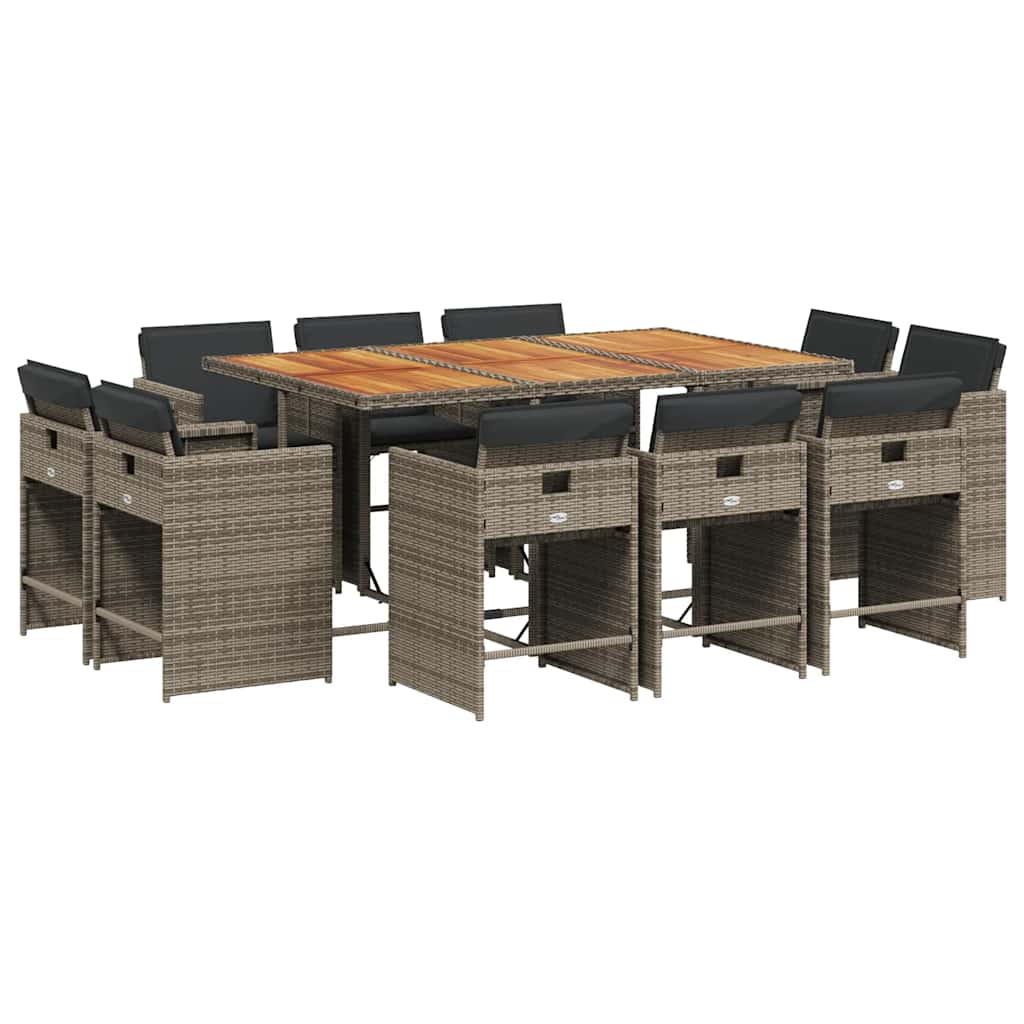 vidaXL 11 Piece Garden Dining Set with Cushions Grey Poly Rattan