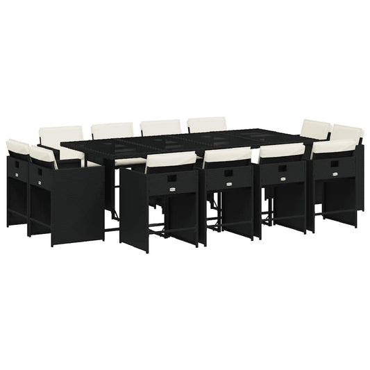 vidaXL 13 Piece Garden Dining Set with Cushions Black Poly Rattan