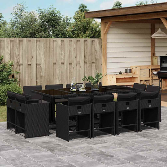 vidaXL 13 Piece Garden Dining Set with Cushions Black Poly Rattan