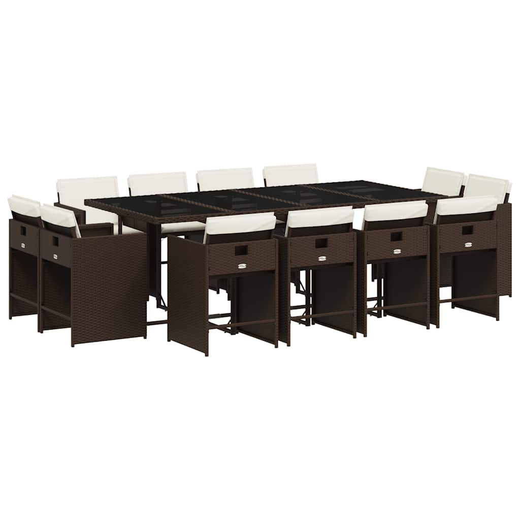 vidaXL 13 Piece Garden Dining Set with Cushions Brown Poly Rattan