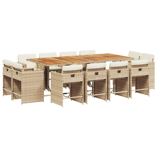 vidaXL 13 Piece Garden Dining Set with Cushions Beige Poly Rattan
