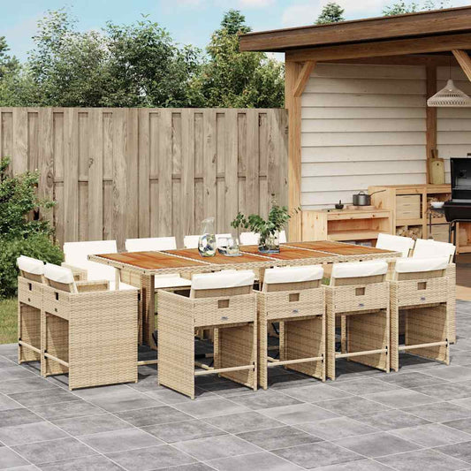 vidaXL 13 Piece Garden Dining Set with Cushions Beige Poly Rattan