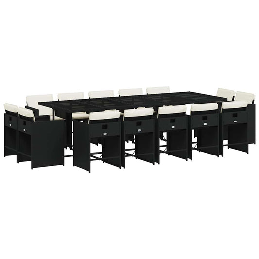 vidaXL 15 Piece Garden Dining Set with Cushions Black Poly Rattan