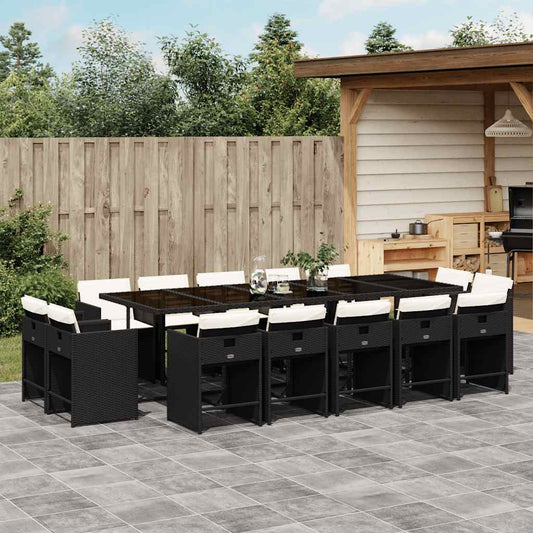 vidaXL 15 Piece Garden Dining Set with Cushions Black Poly Rattan