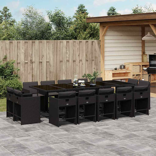 vidaXL 15 Piece Garden Dining Set with Cushions Black Poly Rattan