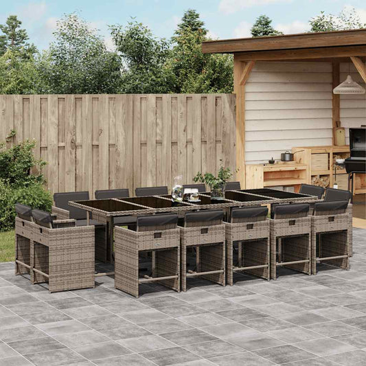 vidaXL 15 Piece Garden Dining Set with Cushions Grey Poly Rattan