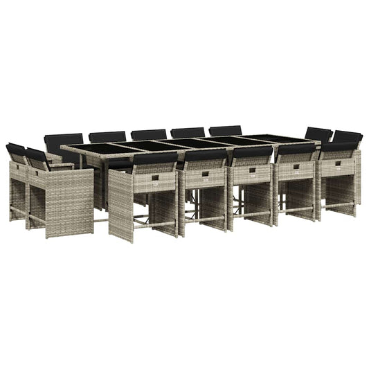 vidaXL 15 Piece Garden Dining Set with Cushions Light Grey Poly Rattan