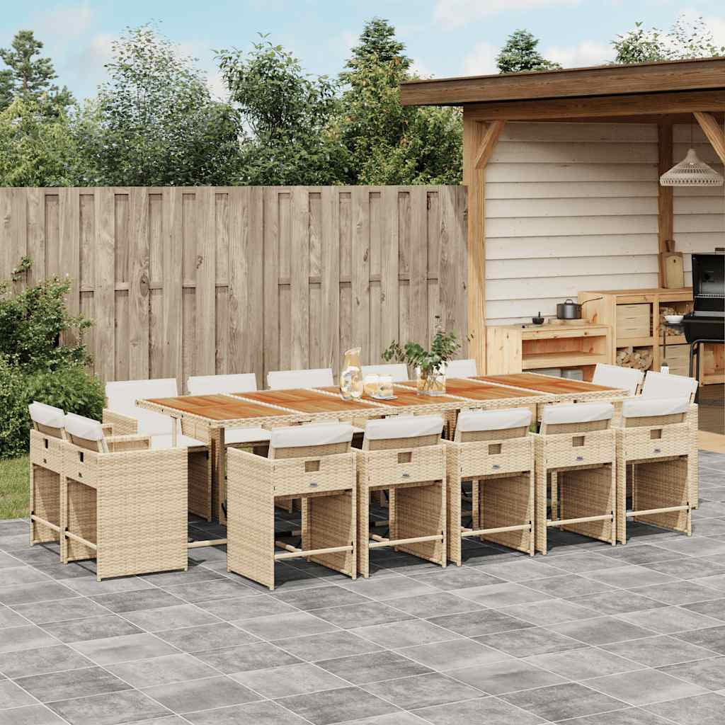 vidaXL 15 Piece Garden Dining Set with Cushions Beige Poly Rattan