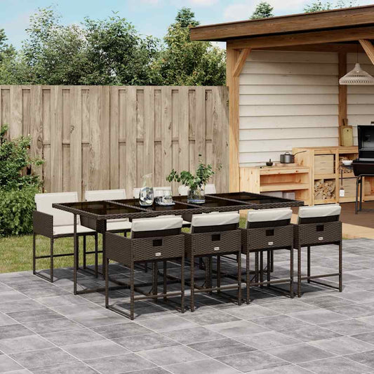 vidaXL 9 Piece Garden Dining Set with Cushions Brown Poly Rattan