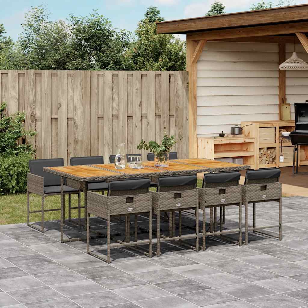 vidaXL 9 Piece Garden Dining Set with Cushions Grey Poly Rattan