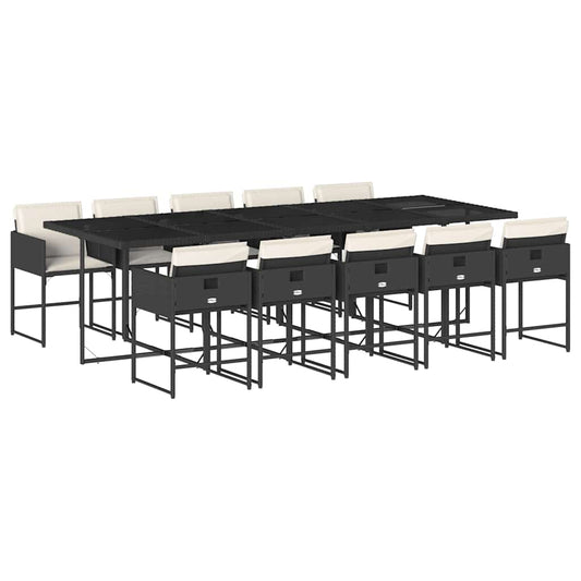 vidaXL 11 Piece Garden Dining Set with Cushions Black Poly Rattan