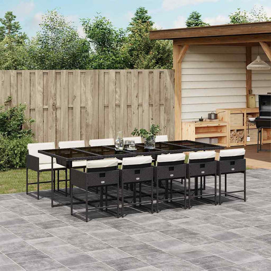 vidaXL 11 Piece Garden Dining Set with Cushions Black Poly Rattan